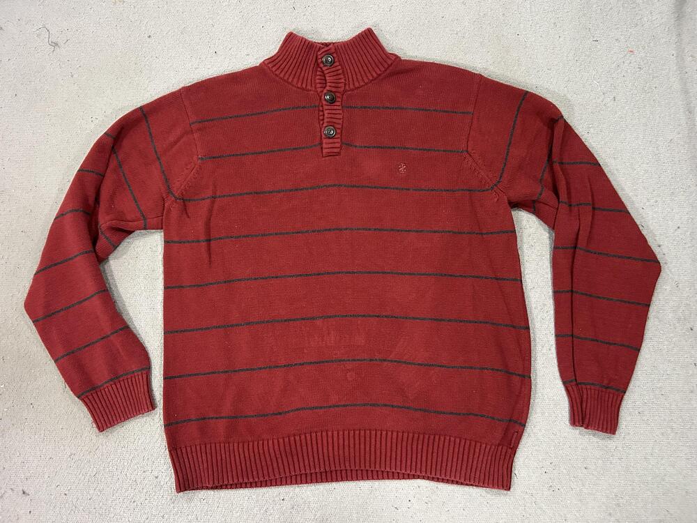 IZOD Sweater Mens XL Red Stripe Mock Neck Button Pullover Cotton Knit Casual